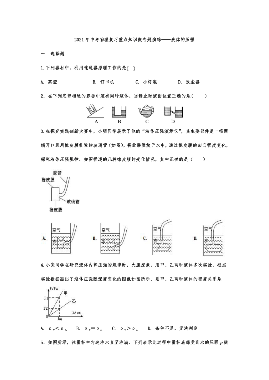 2021年中考物理复习重点知识微专题演练——液体的压强（含答案）