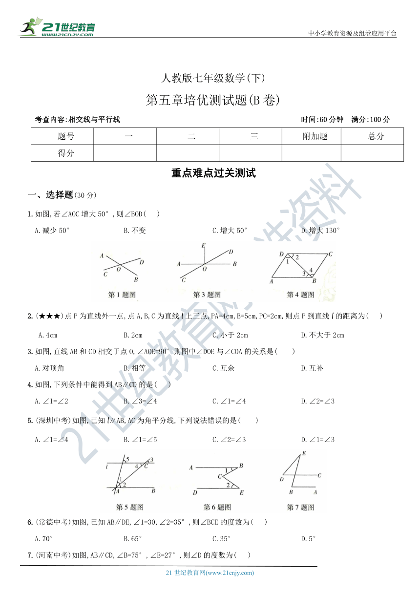 第五章 相交线与平行线 单元培优测试题B卷（含答案）