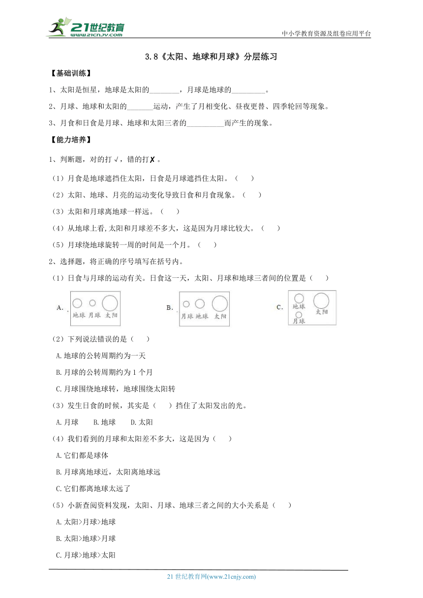 【新课标】3.8《太阳、地球和月球》分层练习（含答案）