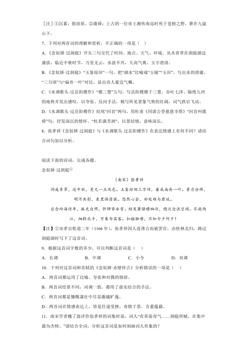 古诗词诵读  念奴娇·过洞庭  课后习题（含答案）-2022-2023学年统编版高中语文必修下册