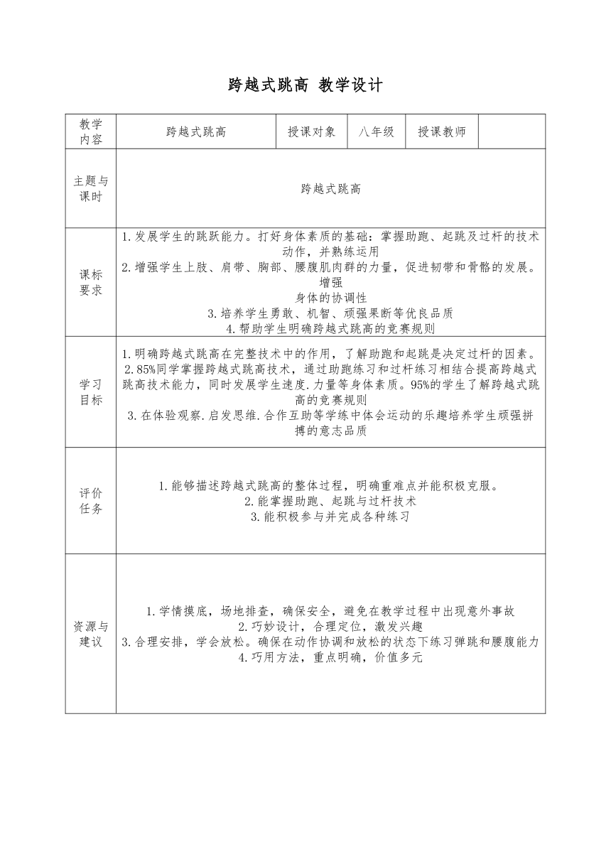 第二章   田径——跨越式跳高    教学设计（表格式）