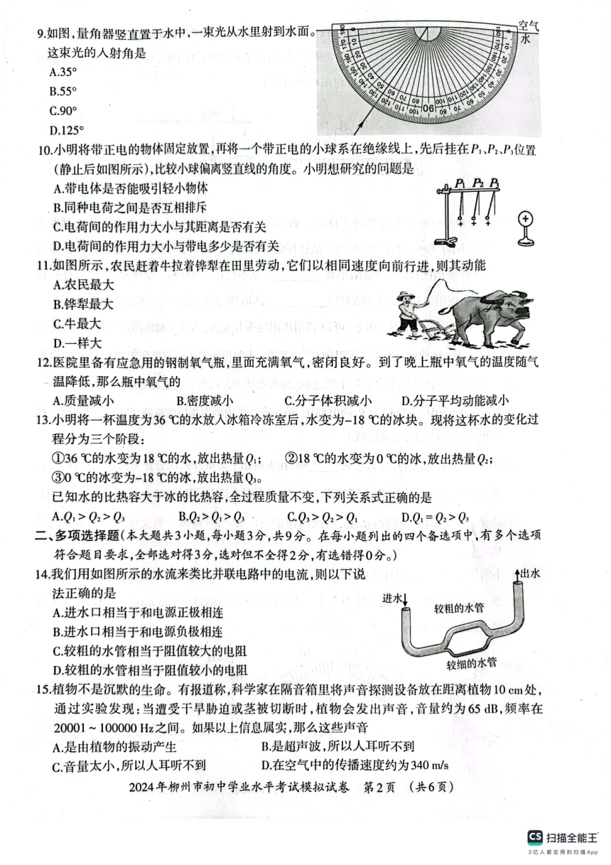 2024年广西壮族自治区柳州市二模物理试题（PDF版 无答案）