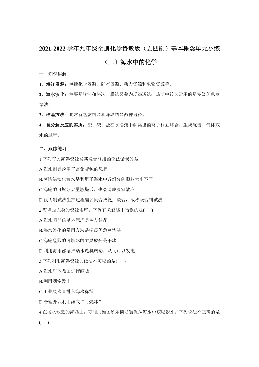 2021-2022学年九年级全册化学鲁教版（五四制）基本概念单元小练（三）海水中的化学（word  含解析）