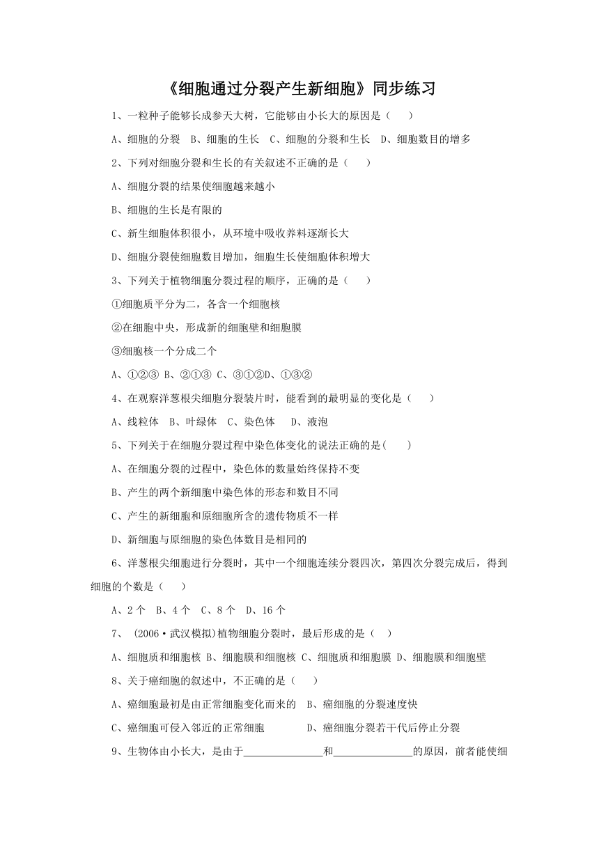 人教版生物七年级上册 2.2.1《细胞通过分裂产生新细胞》同步练习(word版  无答案）