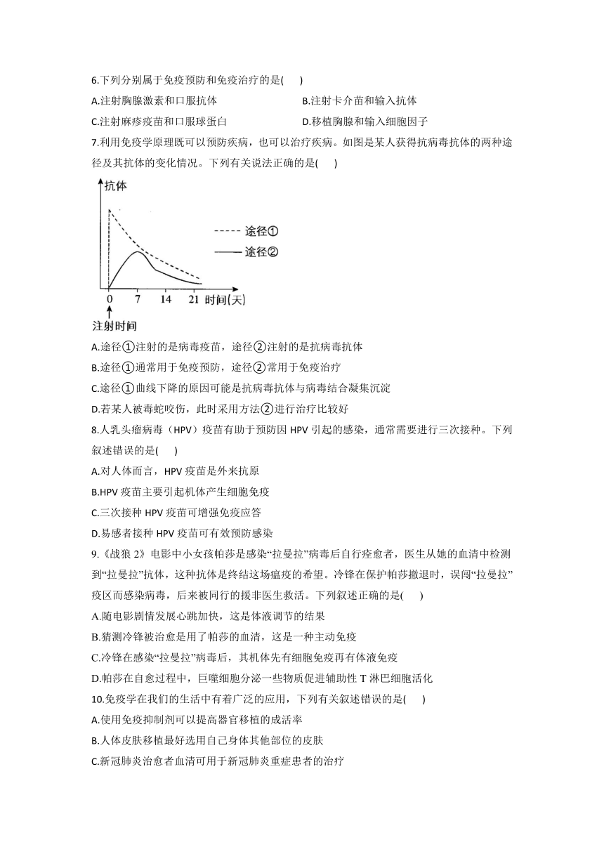 北师大版（2019）高中生物选择性必修一 4.5 免疫学的实际应用  同步练习（含答案）