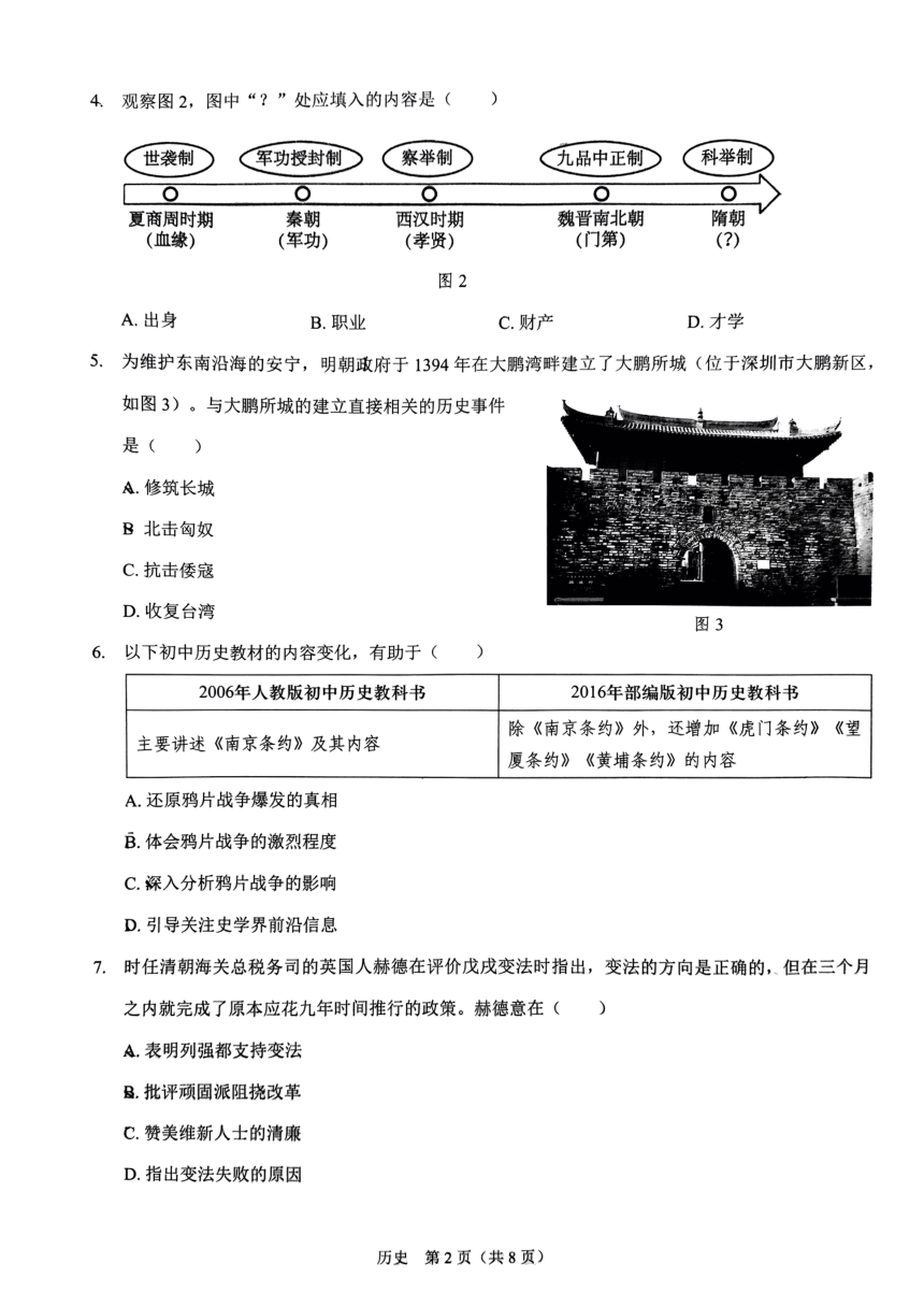 2024年广东省深圳市34校九年级下学期适应性二模考试历史题(扫描版无答案)