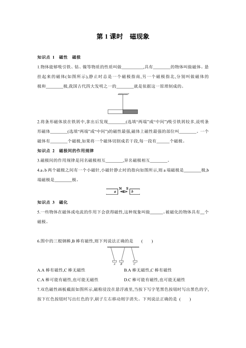 人教版物理九年级全一册同步练习：20.1　磁现象　磁场第1课时　磁现象（ word版有答案）