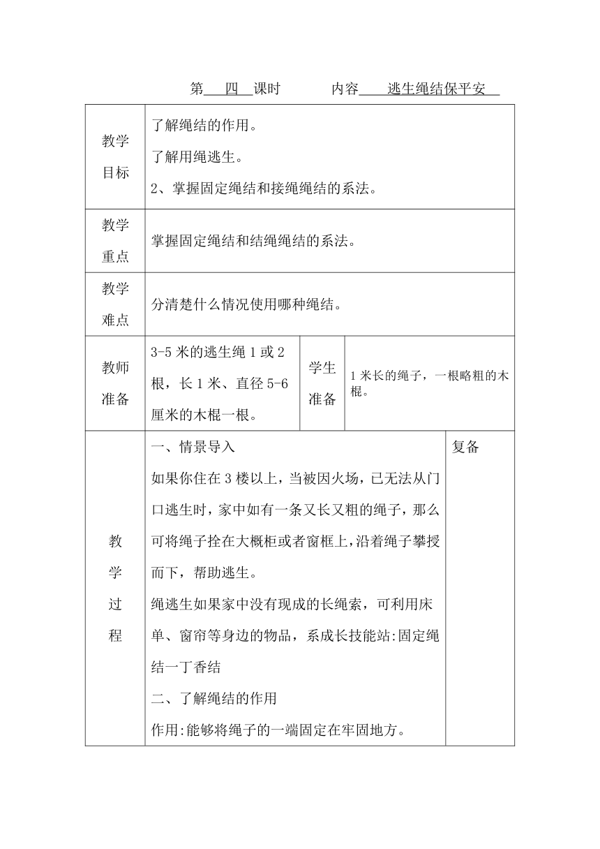 鄂教版劳动三年级上册 第4课 逃生绳结保平安 教案（表格式）