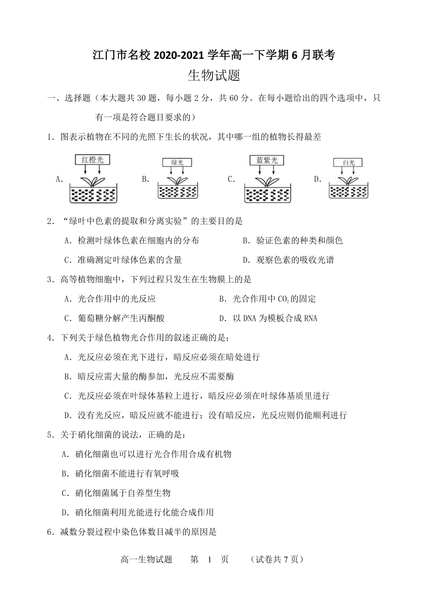 广东省江门市名校2020-2021学年高一下学期6月联考生物试题 Word版含答案