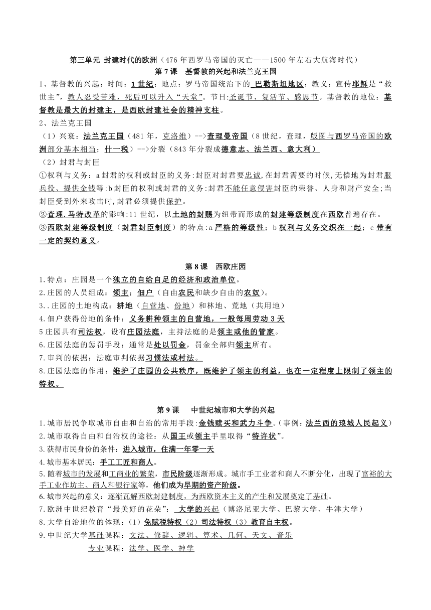 2022-2023学年部编版九年级历史上册知识点背诵资料