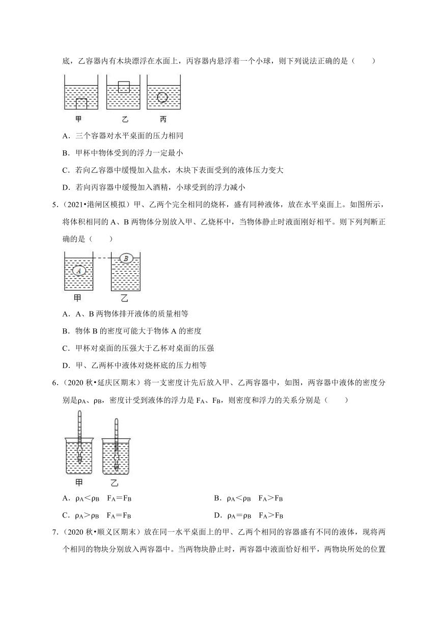 专题十一：沉浮条件判断  检测—2020-2021学年人教版八年级物理下册重点专题复习（含答案）