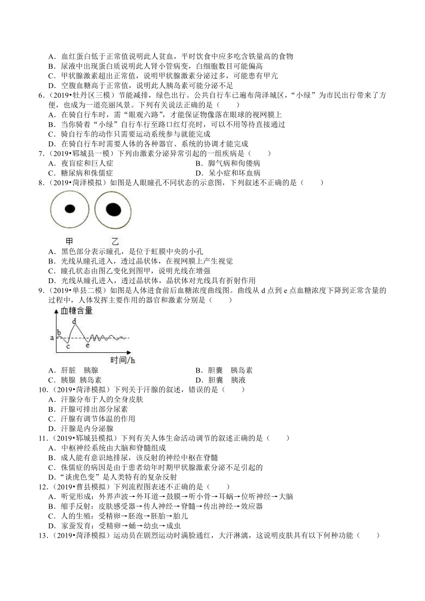 2018-2020年山东中考生物各地区模拟试题分类（菏泽专版）（5）——神经系统、动物的运动和行为（word版含解析）