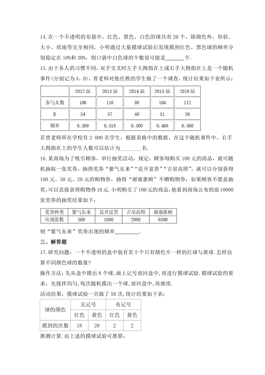 浙教版数学九年级上册2.3用频率估计概率课时练习 （含答案）