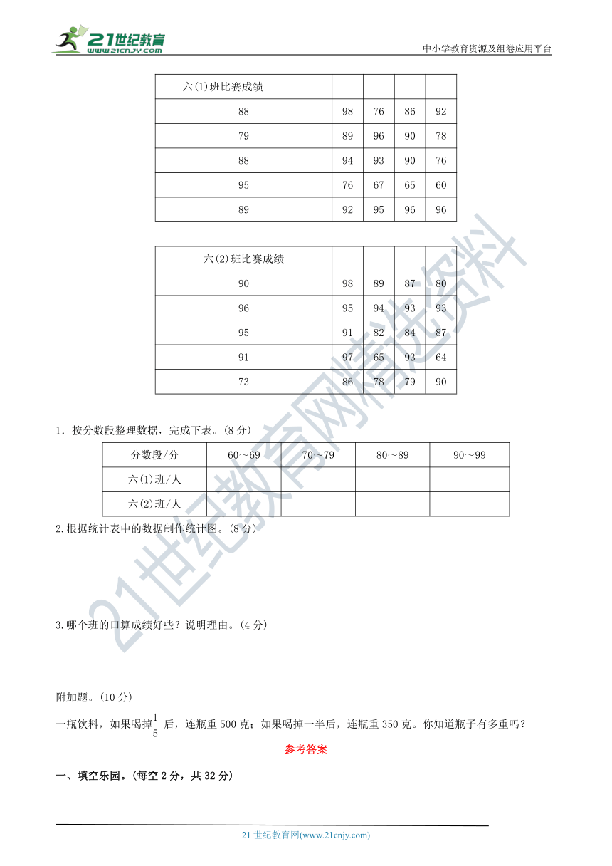 北师大版六年级数学上册 名校优选精练 第五单元《数据处理》测试卷（含答案及解析）