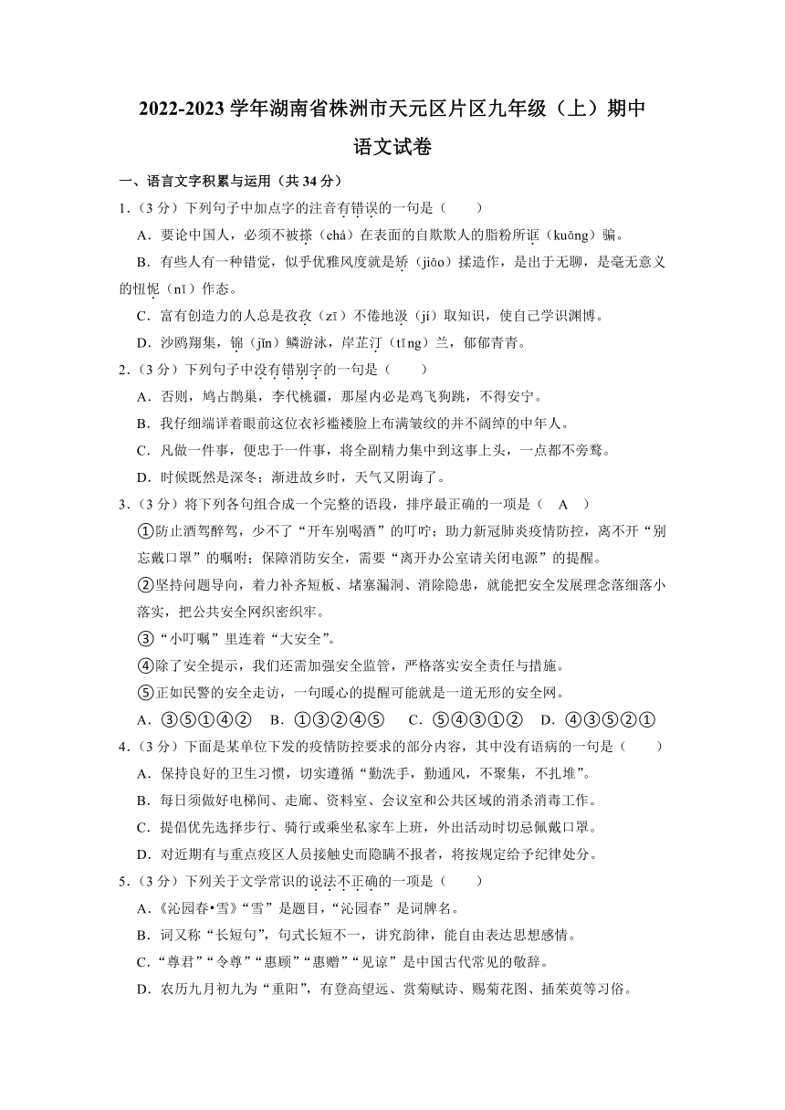 湖南省株洲市天元区片区2022-2023学年九年级上学期期中语文试题（含解析）