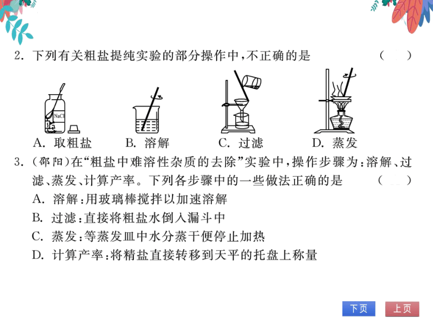 【人教版】化学九年级下册-第十一单元 实验活动8 粗盐中难溶性杂质的去除 (习题课件)