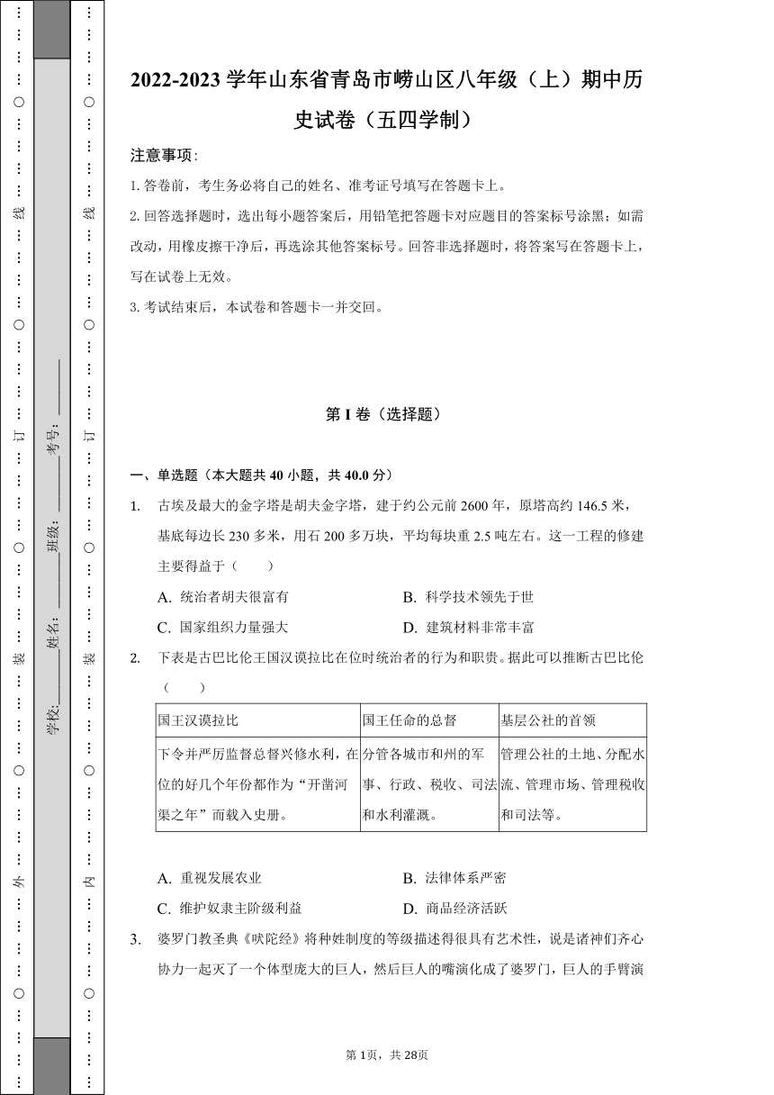 2022-2023学年山东省青岛市崂山区八年级（上）期中历史试卷（五四学制）（含解析）