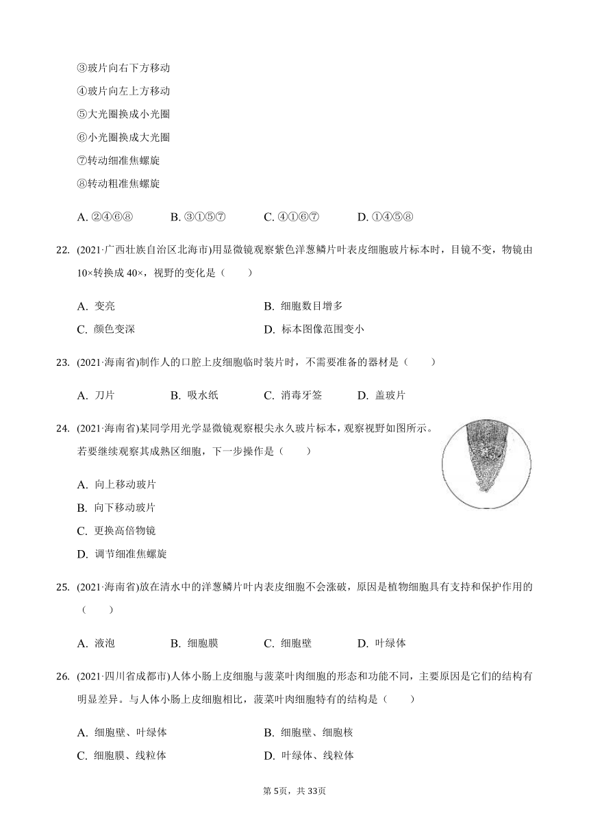 2021年生物中考题分类汇编——细胞是生命活动的基本单位（word版含解析）