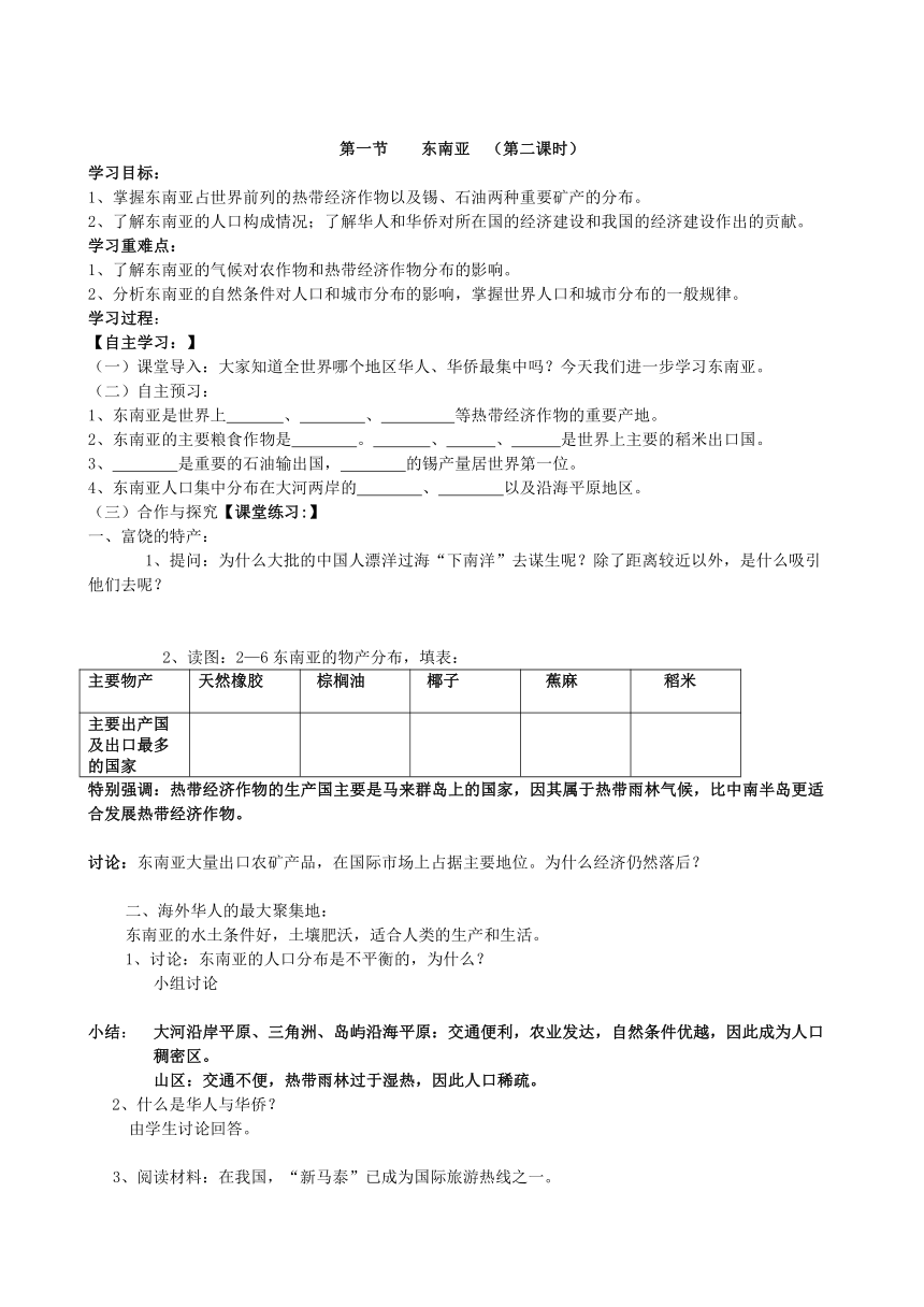 湘教版地理七年级下册 7.1 东南亚  第二课时  学案（无答案）