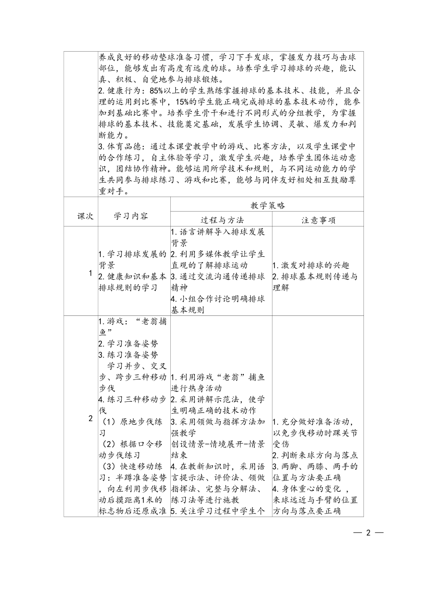 水平三 五年级软式排球大单元设计---排球移动正手双手垫球（表格式）