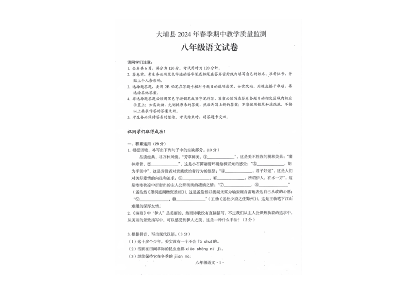 广东省梅州市大埔县2023-2024学年八年级下学期4月期中语文试题（pdf版无答案）