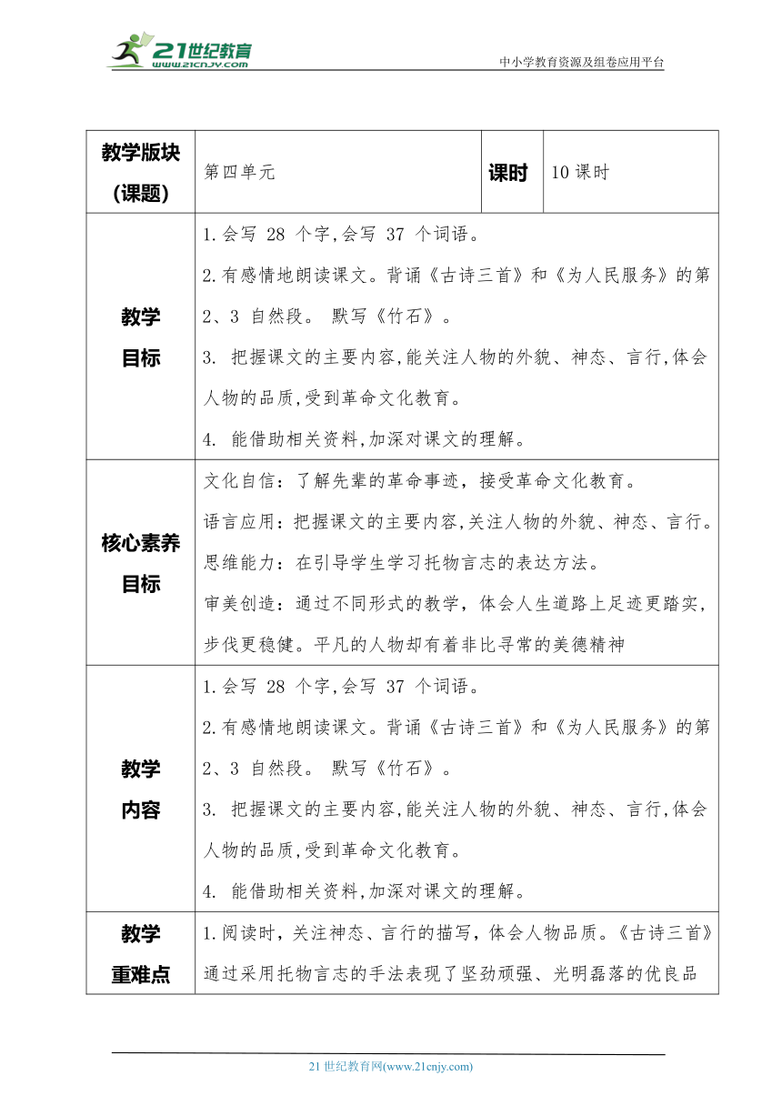 【核心素养目标】统编版语文六年级下册第四单元 大单元教学分析教案