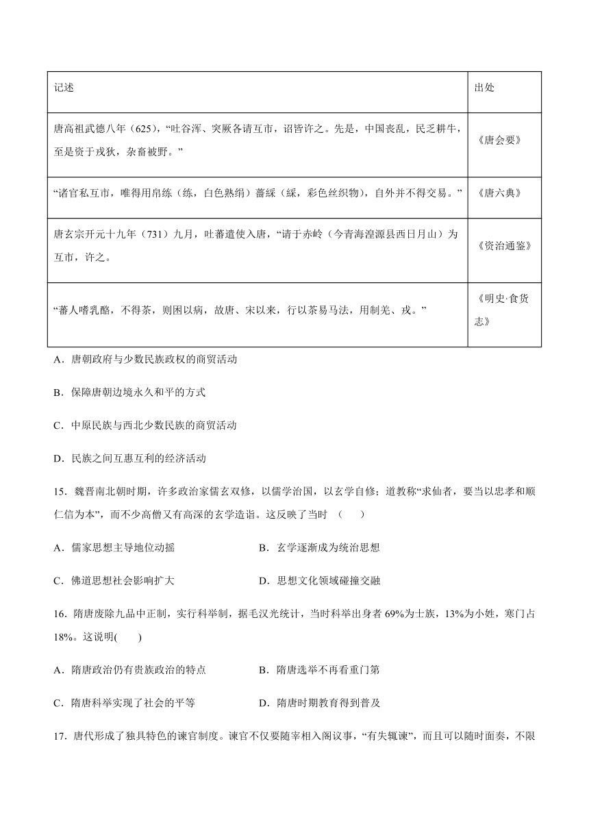 纲要上第二单元 三国两晋南北朝的民族交融与隋唐统一多民族封建国家的发展 单元综合与测试（word版 含解析）