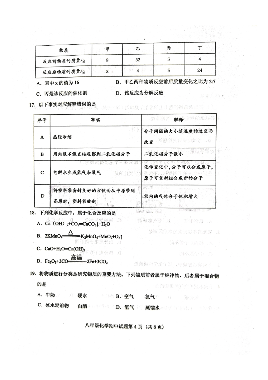 山东省泰安市肥城市2022-2023学年八年级下学期期中考试化学试题（图片版，无答案）