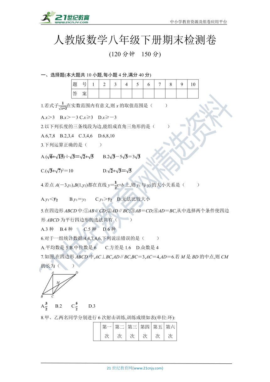 2022年人教版数学八年级下册期末达标测试卷（含答案）