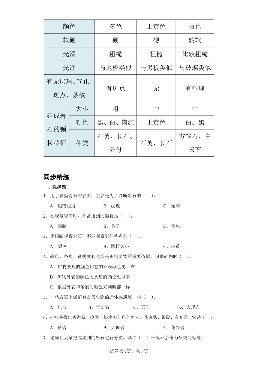 3.2 认识几种常见的岩石 知识点 同步精练（含解析） 2023-2024学年四年级科学下册同步教学（教科版）