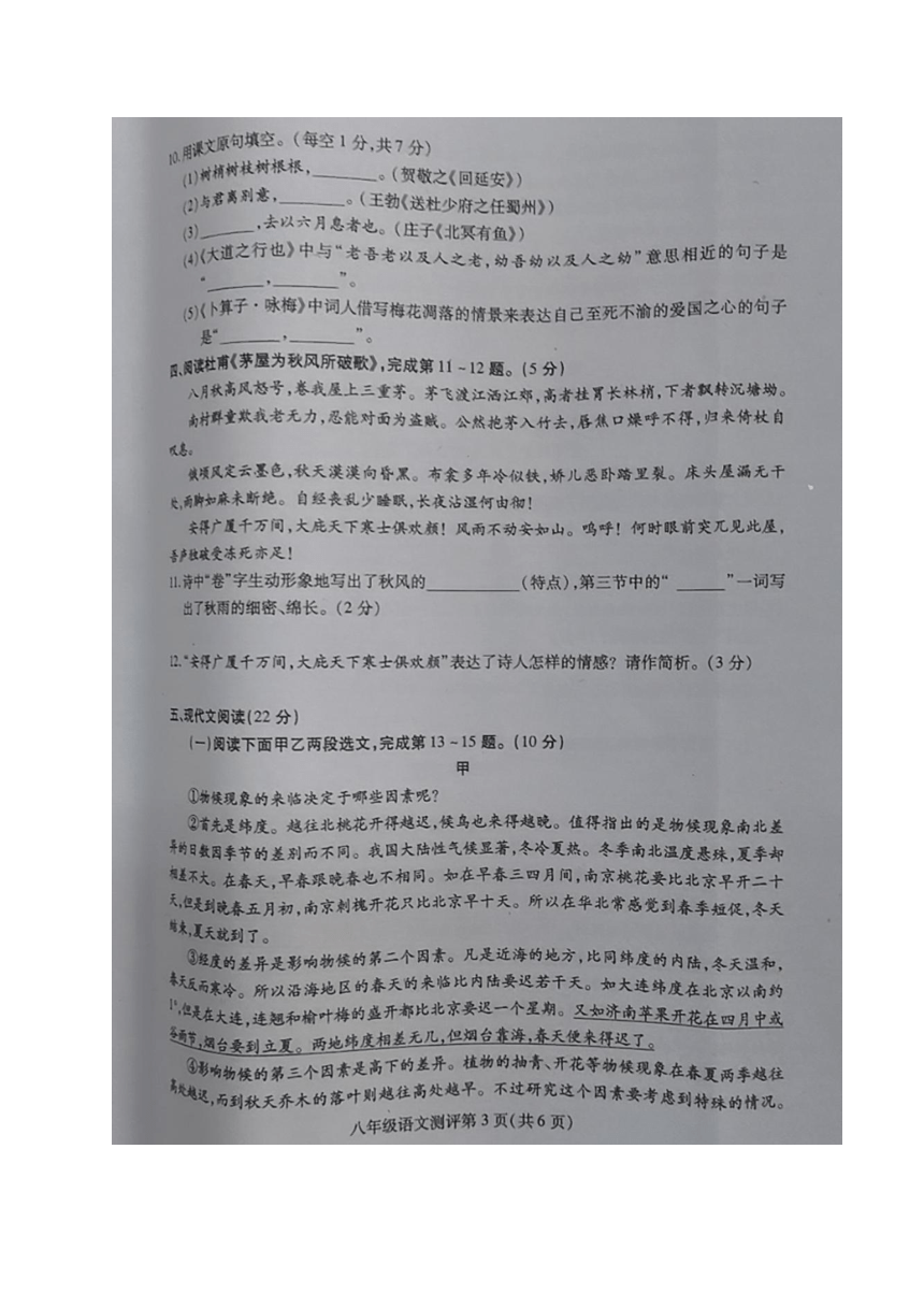 四川省内江市2022-2023学年八年级下学期期末考试语文试题（无答案）