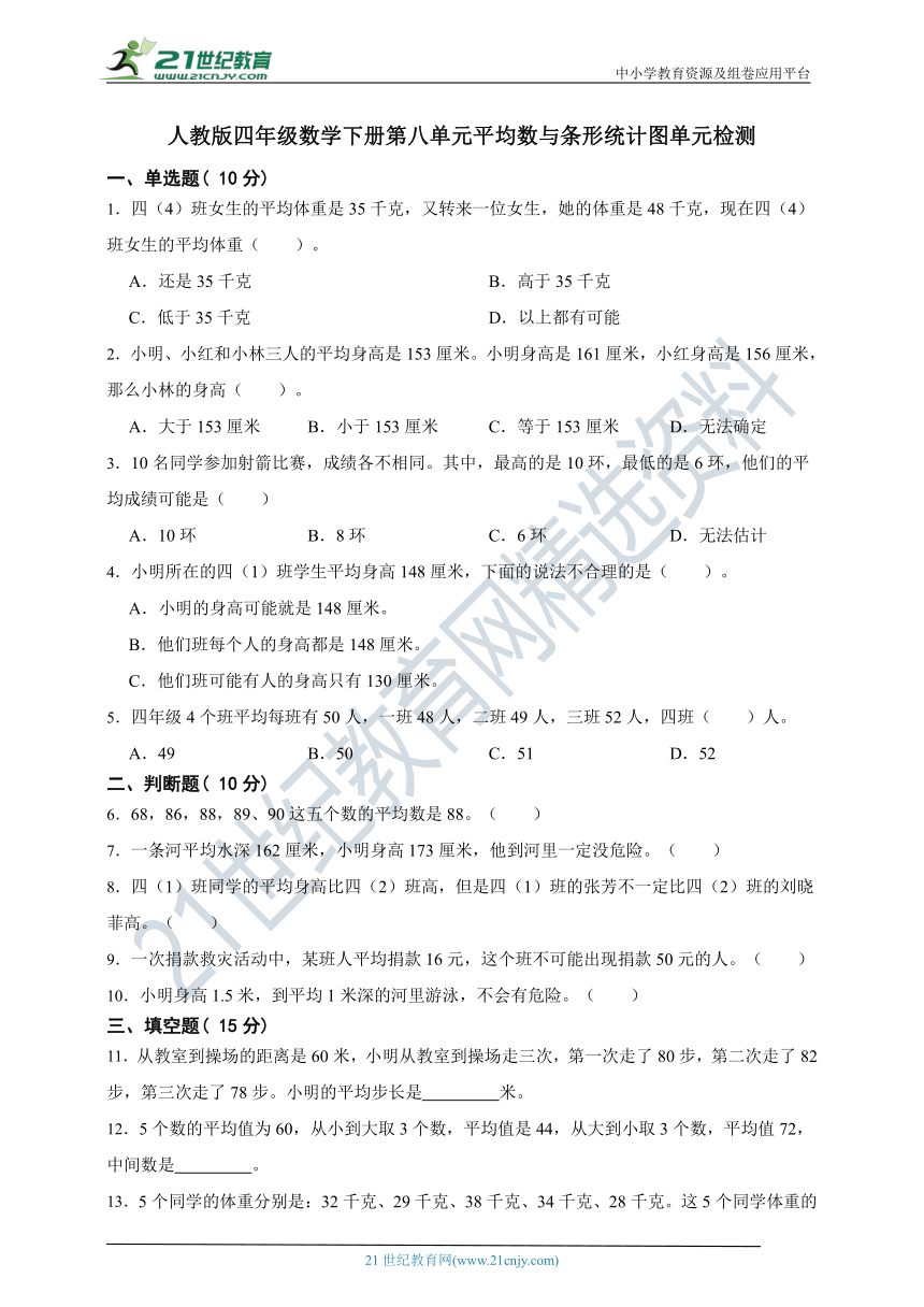 人教版四年级数学下册第八单元平均数与条形统计图单元检测（含答案）