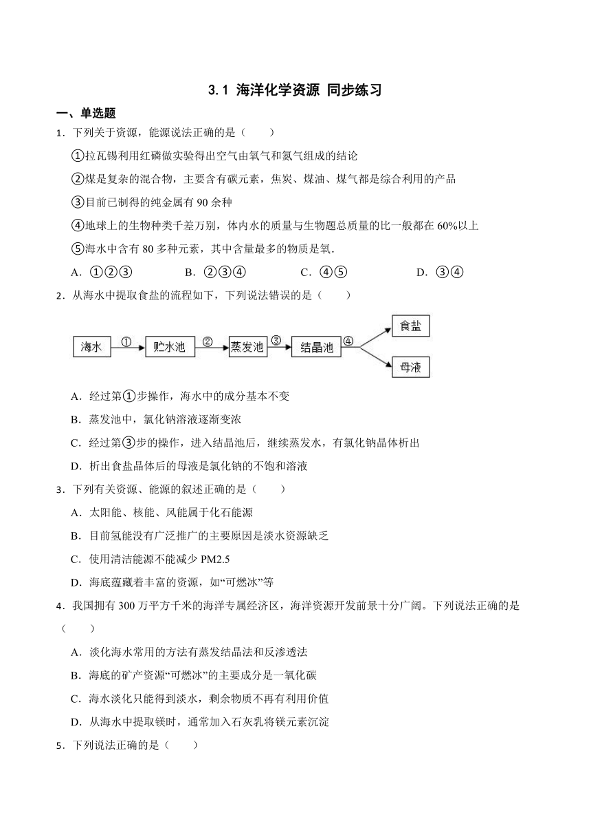 3.1 海洋化学资源 同步练习(含答案)  2022-2023学年鲁教版（五四制）九年级全册化学