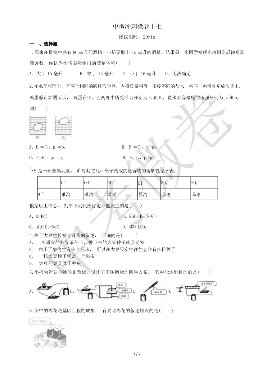 2024年中考冲刺科学微卷十七（含解析）