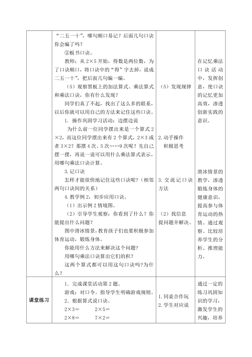 西师版二年级上册数学表格式教案1.2  1、2的乘法口诀