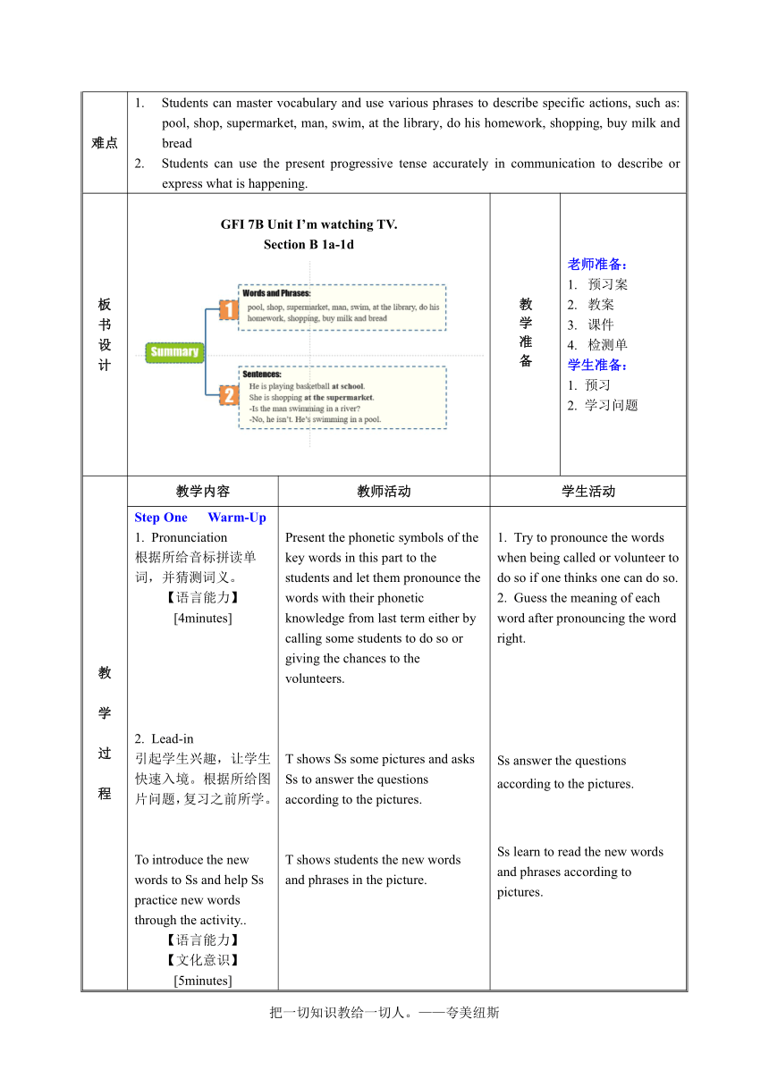 【核心素养目标】人教版英语七年级下册Unit 6 Section B 1a-1c表格式教学设计