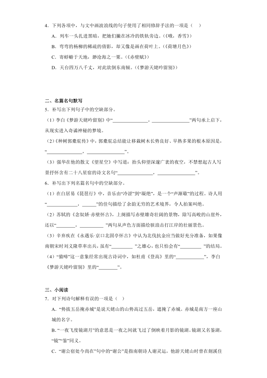 8.1《梦游天姥吟留别》同步练习（含解析）2023-2024学年统编版高中语文必修上册