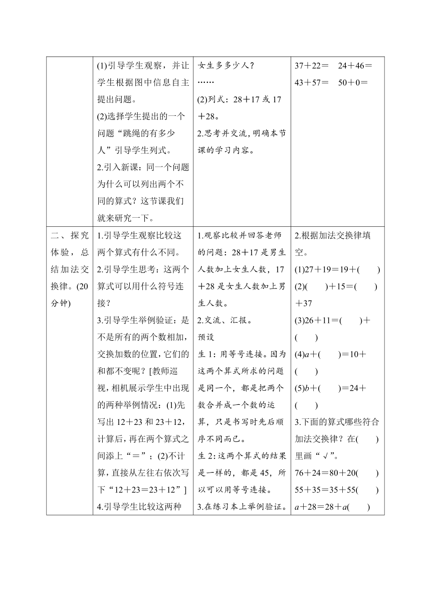 人教版数学四年级下册3.1.1《加法交换律》表格式导学案设计