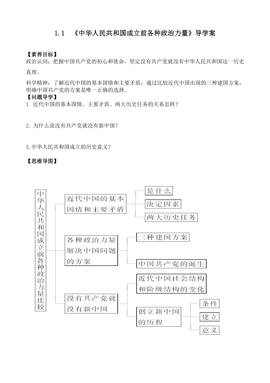 高中政治统编版必修三政治与法治1.1 中华人民共和国成立前各种政治力量 导学案（含答案）