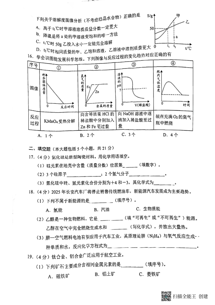 2022年重庆市中考化学试题（A卷）（图片版，无答案）