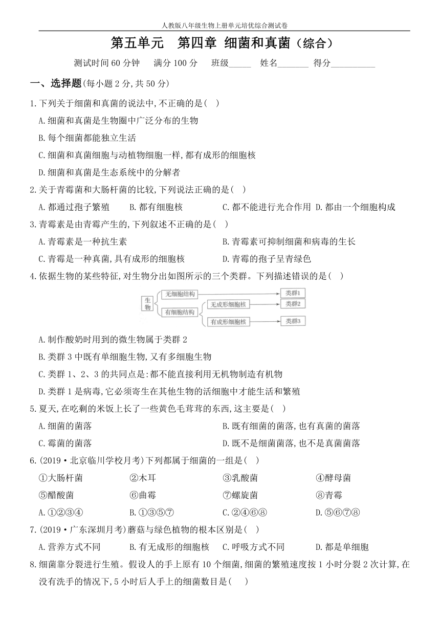 人教版八年级上册生物第五单元  第四章 细菌和真菌练习（word版含部分解析）