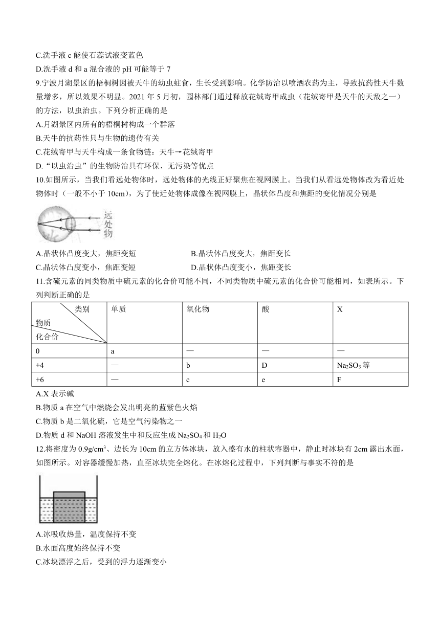 浙江省宁波市2021年初中学业水平考试科学试题（word版 含答案）