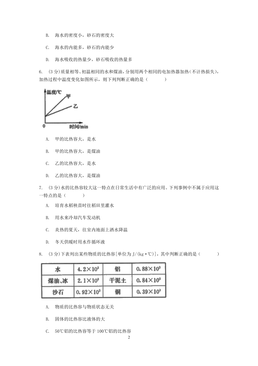 浙教版科学九年级上册章节检测3.5物体的内能 第2课时 比热容【含答案】