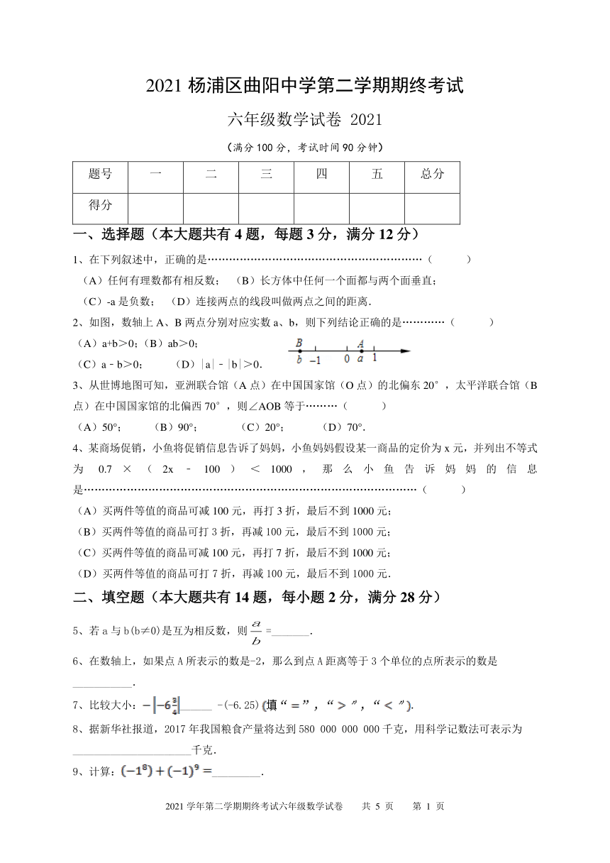 上海市杨浦区曲阳中学2021年第二学期六年级期终数学试卷（PDF版，无答案）