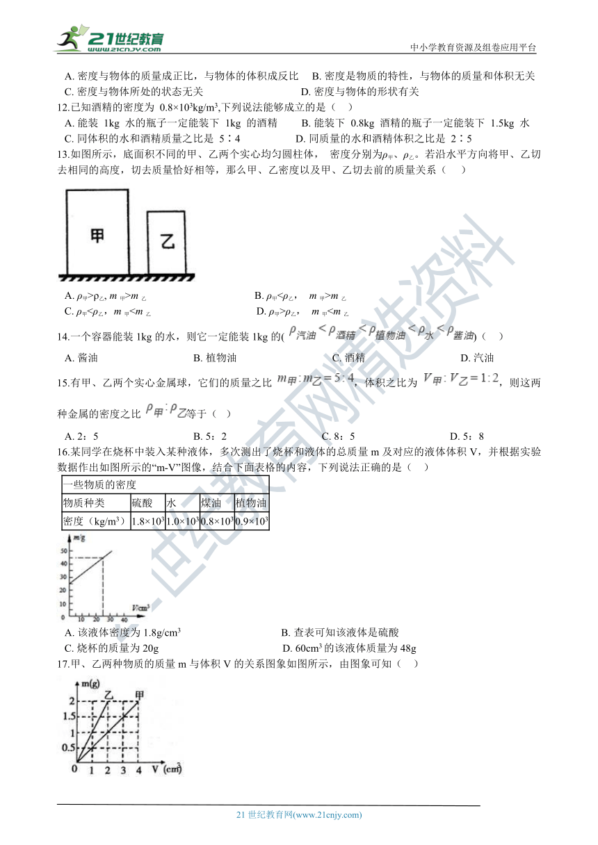 人教版八年级物理上学期6.2密度同步练习（含答案及解析）