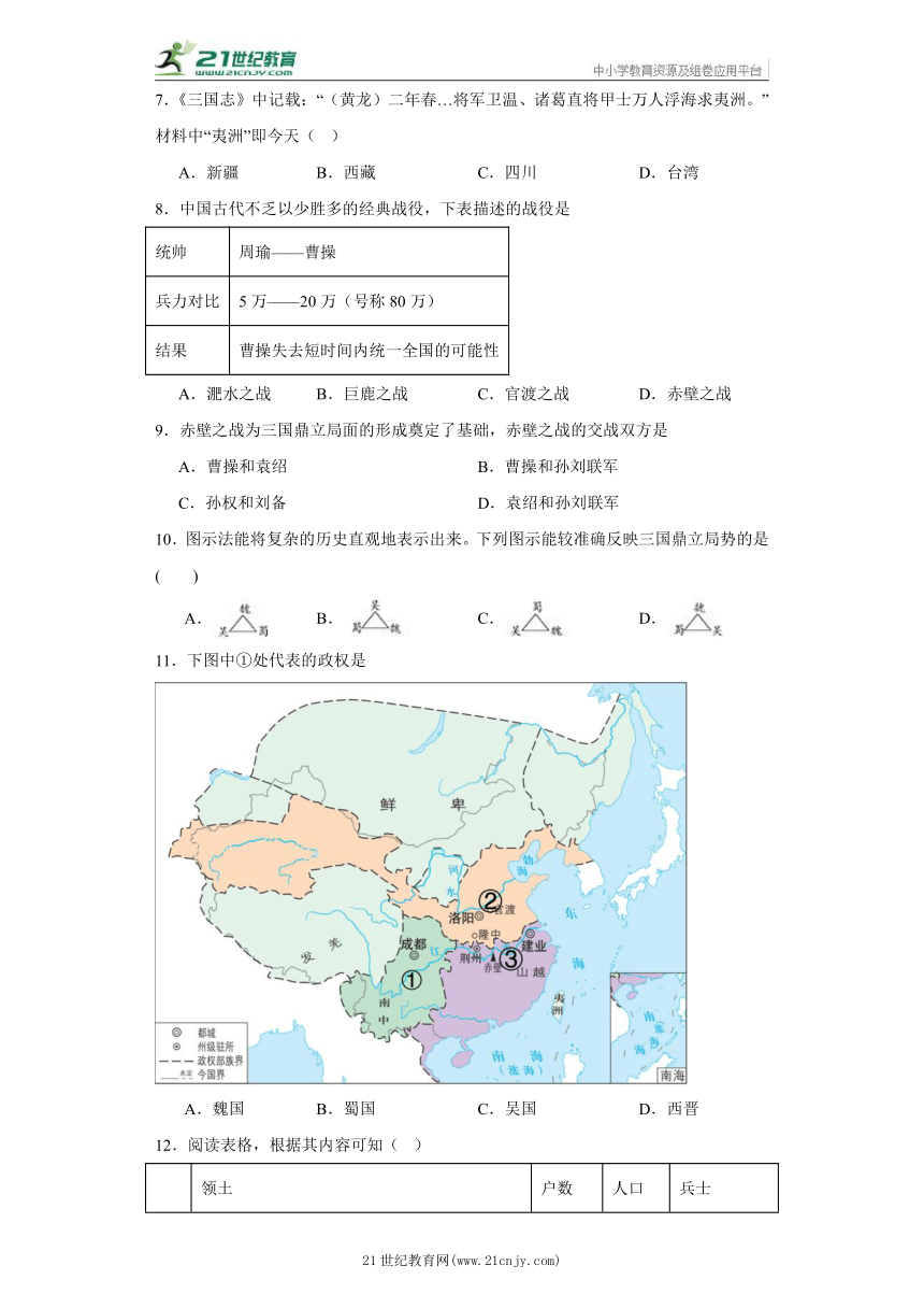 第16课 三国鼎立 同步练习 2023-2024学年 七年级历史上册 部编版