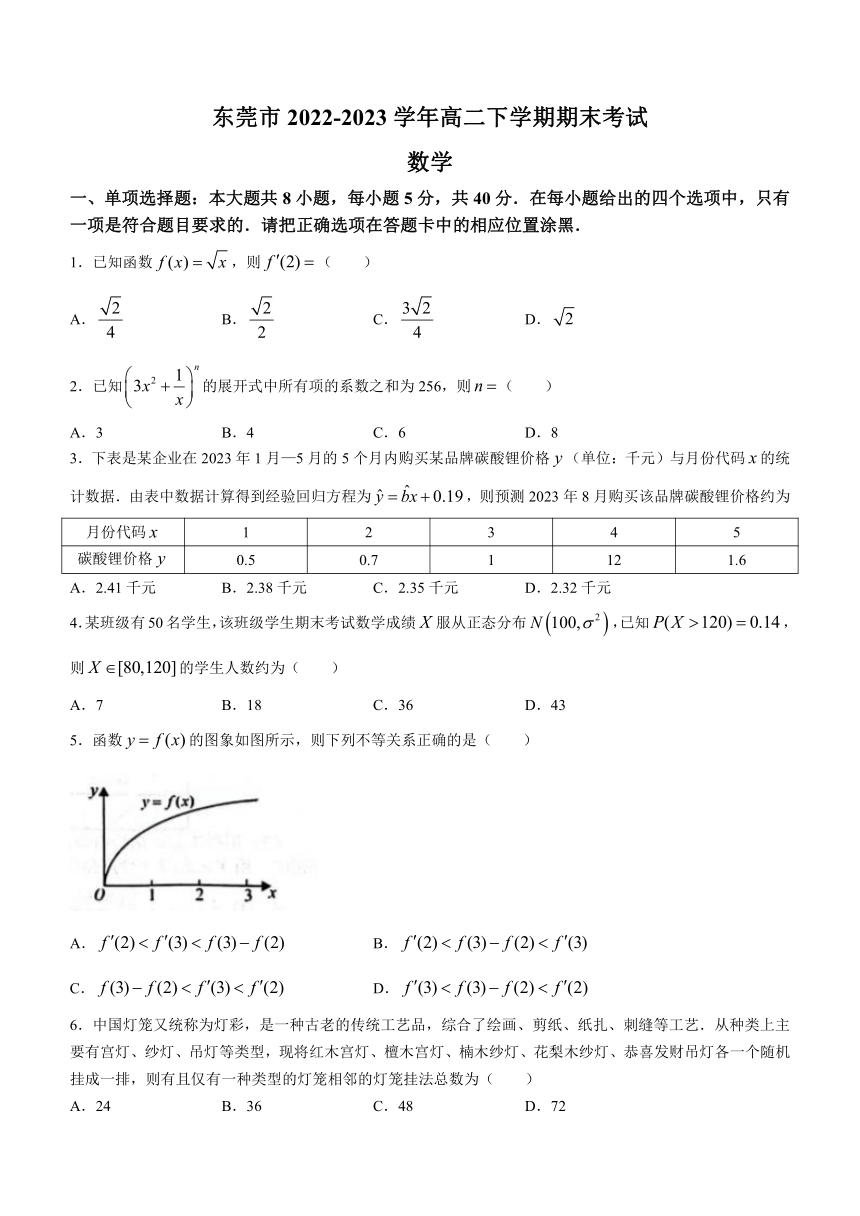 广东省东莞市2022-2023学年高二下学期期末考试数学试题(无答案)