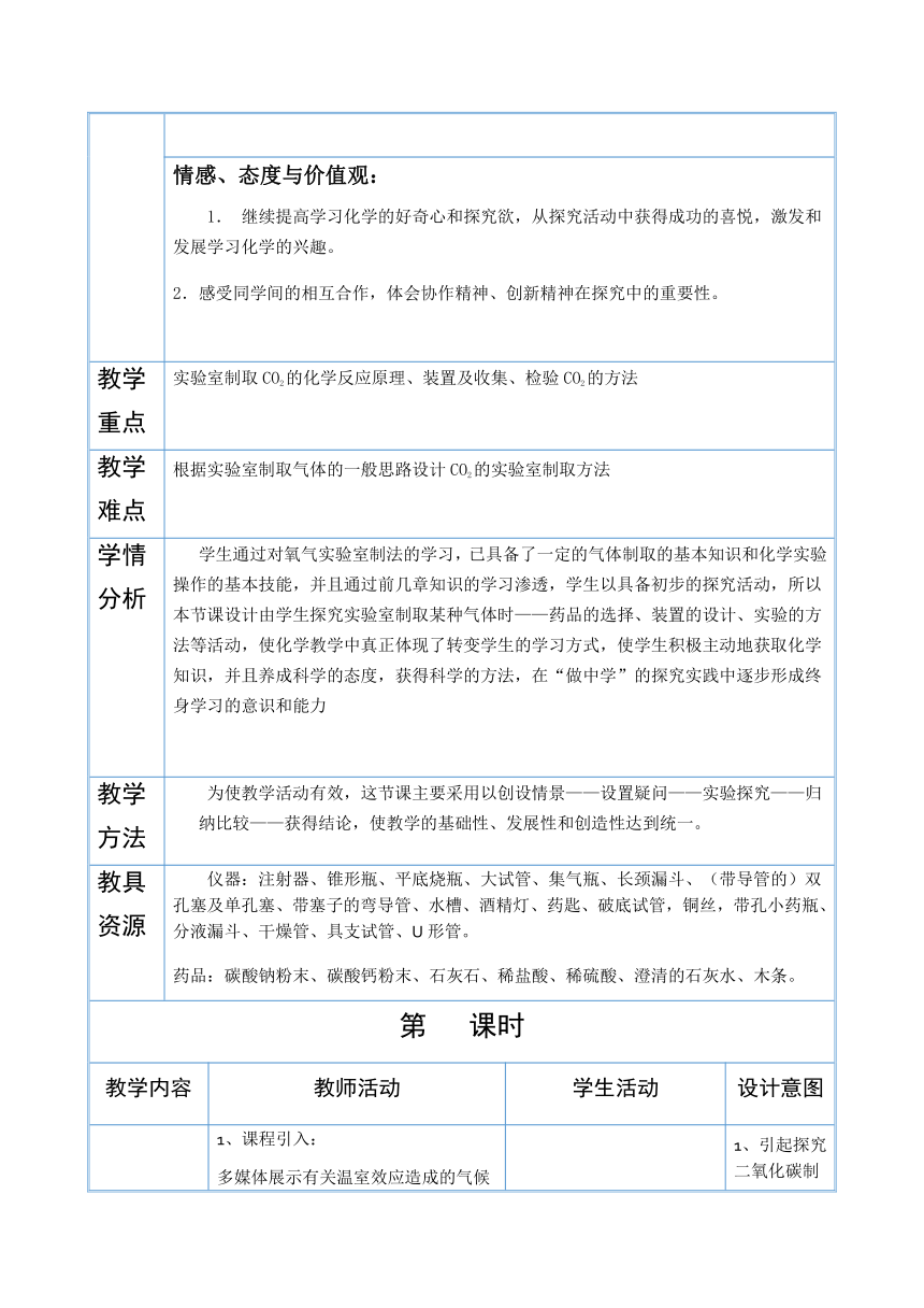 人教版（五四学制）化学八年级全册 第六单元  课题2   二氧化碳制取的研究  教案  （表格式）