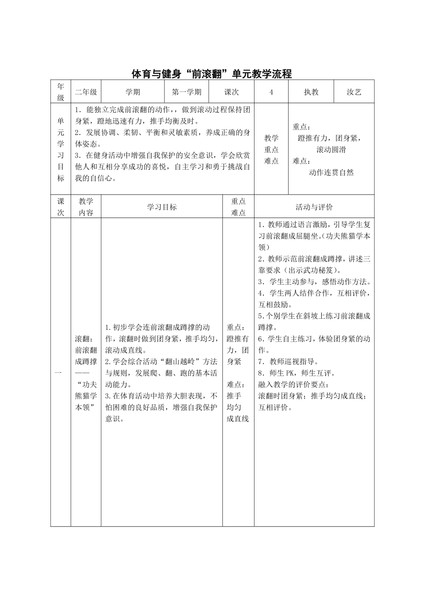 通用版体育六年级下册 “前滚翻” 教案（表格式）