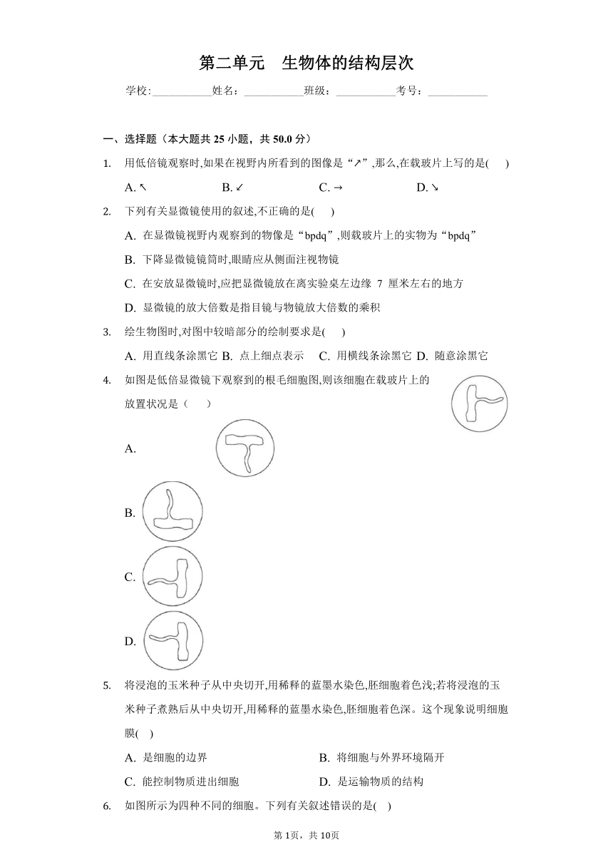 2022-2023学年人教版生物七年级上册单元强化练习第二单元生物体的结构层次(word版含答案）